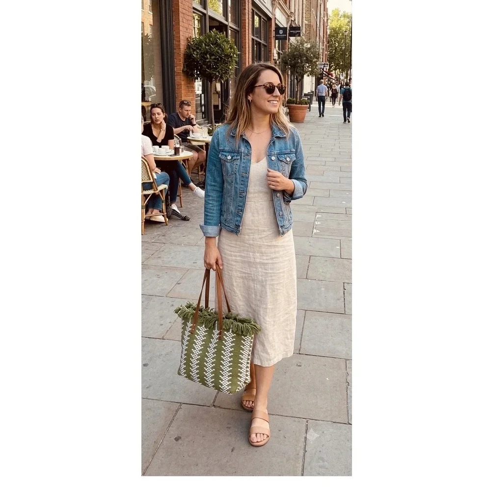 Green‎ White Woven Fringe Tote Bag Boho Knit Shoulder Bag with Leather Straps
